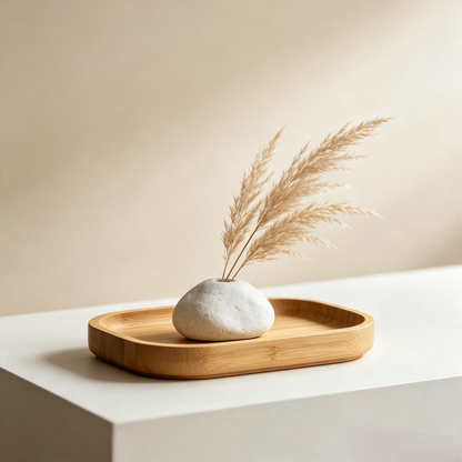 Minimalist Pebble Ceramic Vase with Bamboo Tray