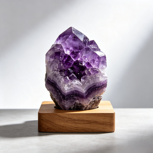 Raw Amethyst Crystal Cluster Ornament with Wooden Base