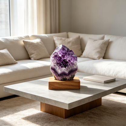 Raw Amethyst Crystal Cluster Ornament with Wooden Base