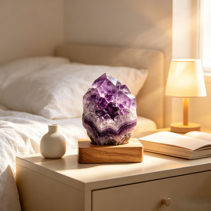 Raw Amethyst Crystal Cluster Ornament with Wooden Base
