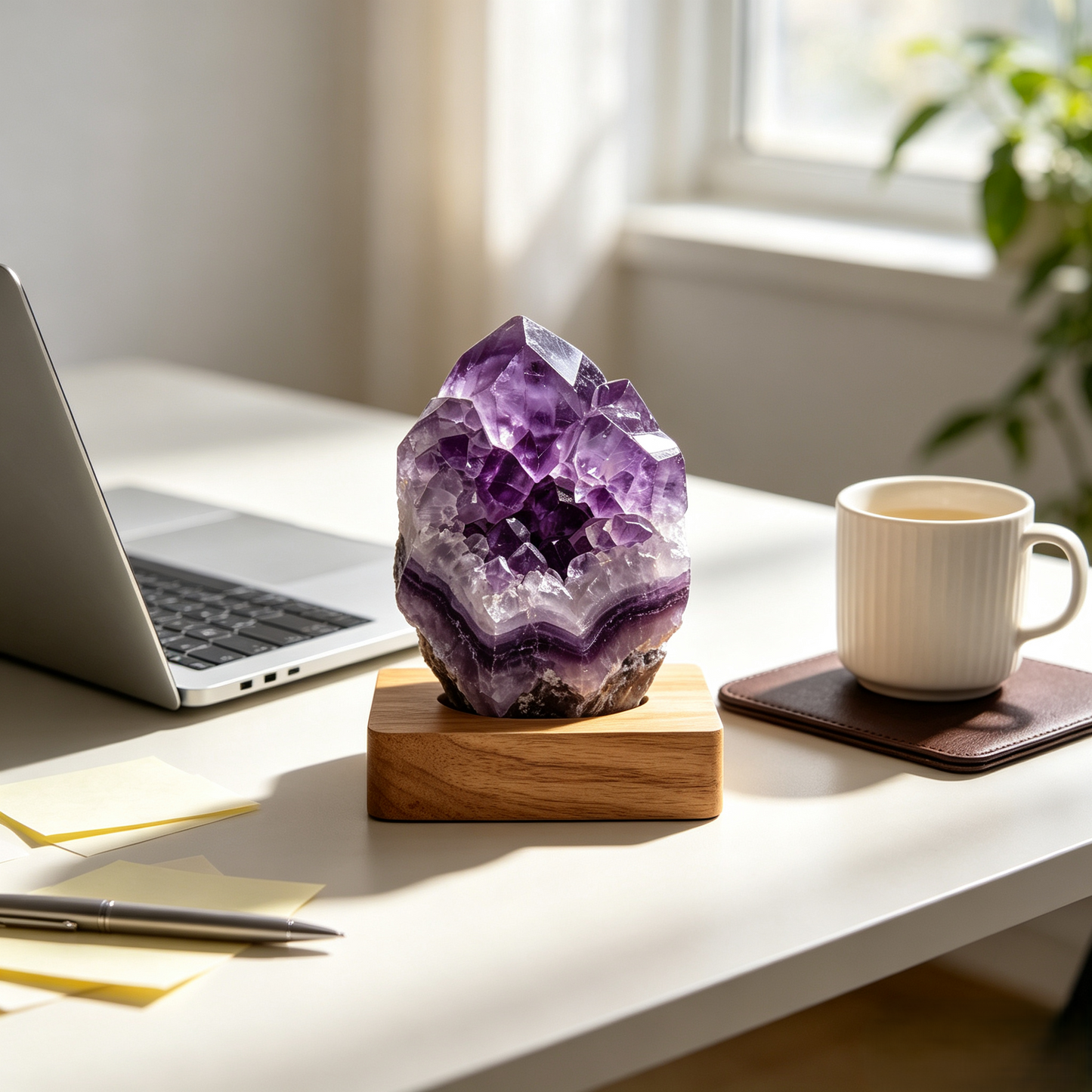 Raw Amethyst Crystal Cluster Ornament with Wooden Base