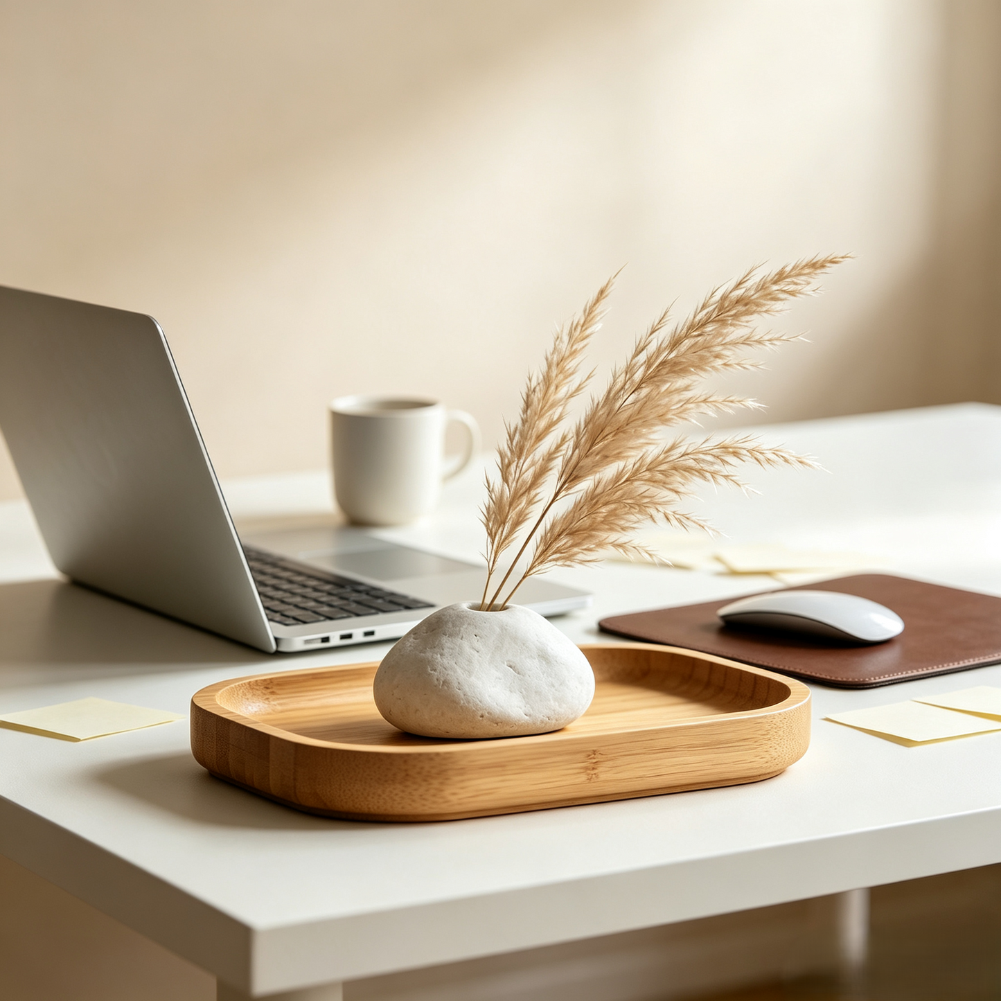 Minimalist Pebble Ceramic Vase with Bamboo Tray