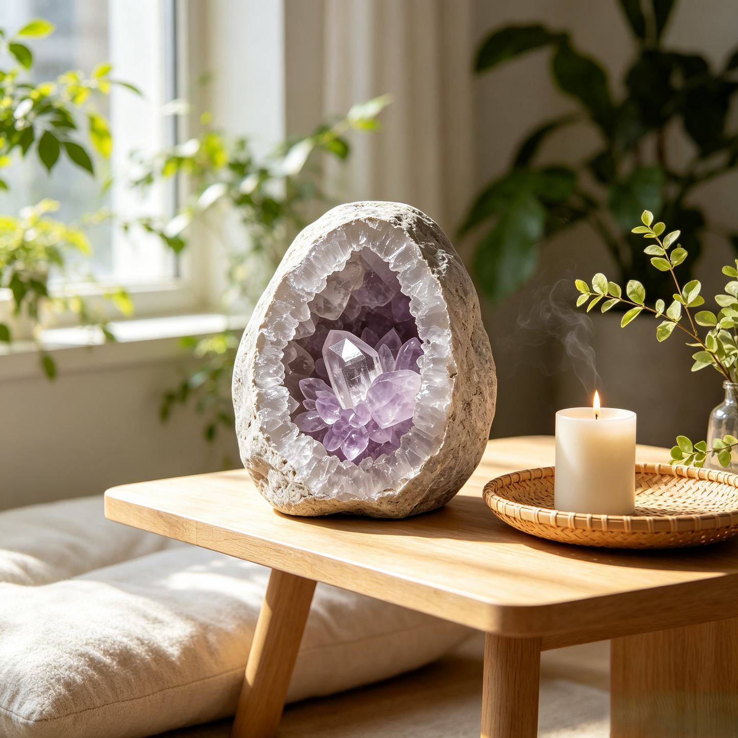 Natural Amethyst Geode Ornament with Wooden Base