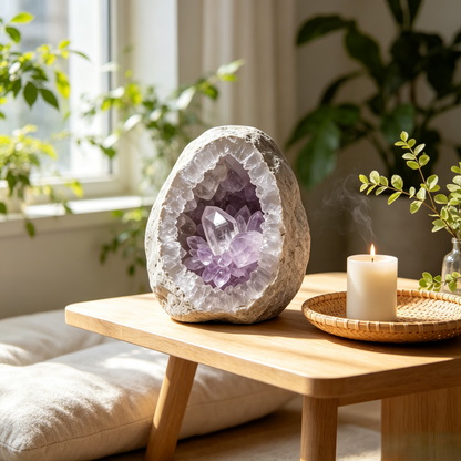 Natural Amethyst Geode Ornament with Wooden Base