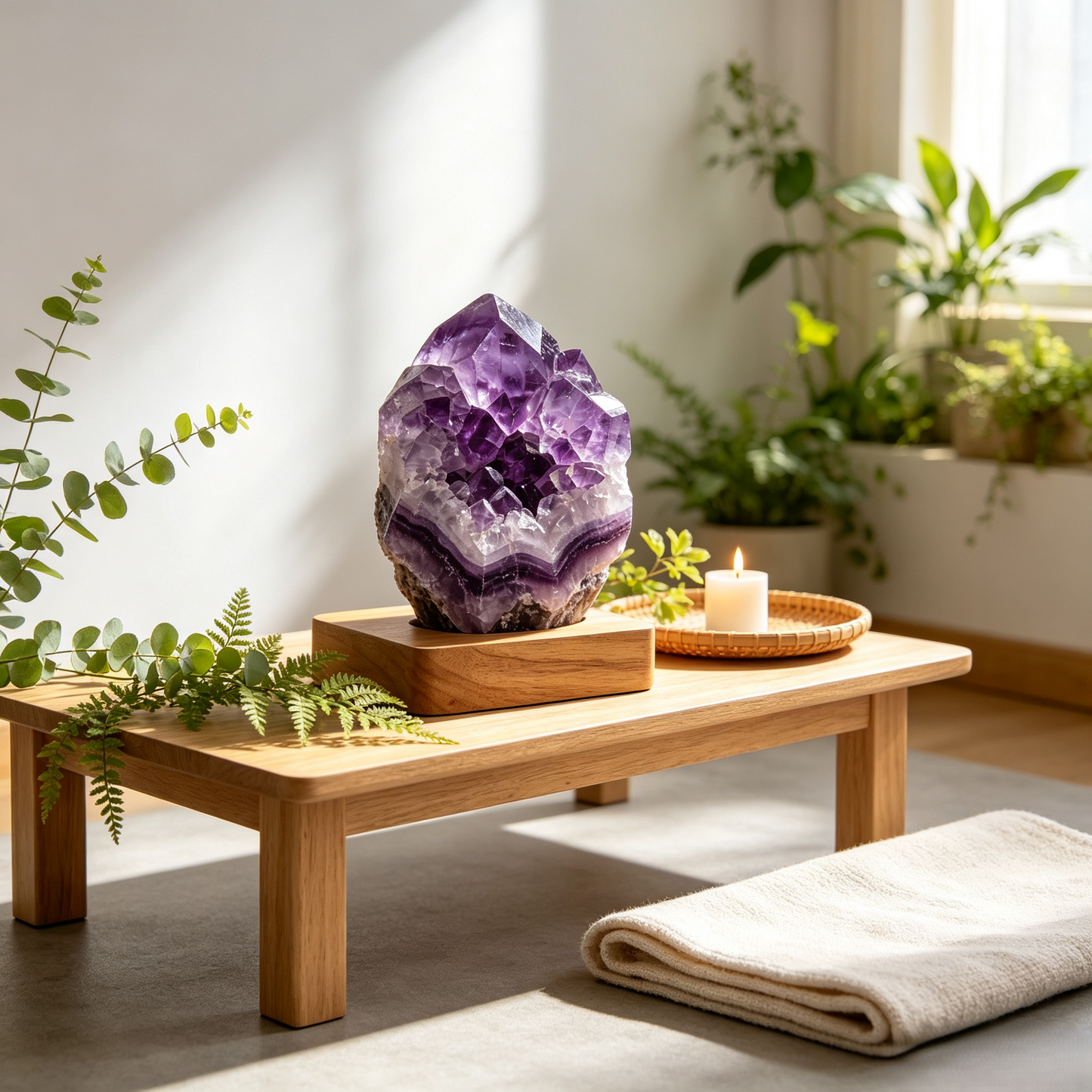 Raw Amethyst Crystal Cluster Ornament with Wooden Base